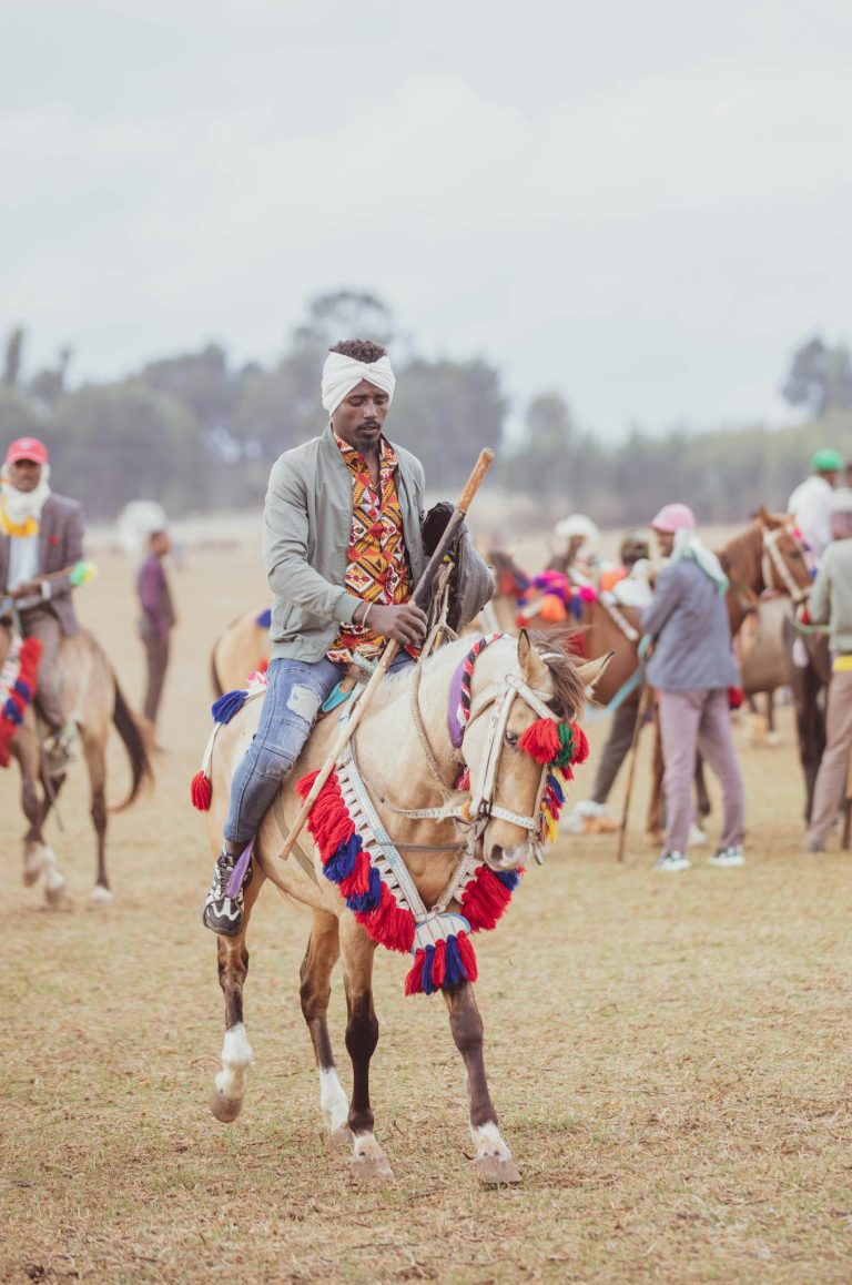 A man in colorful attire rides a decorated horse at a traditional equestrian event outdoors.